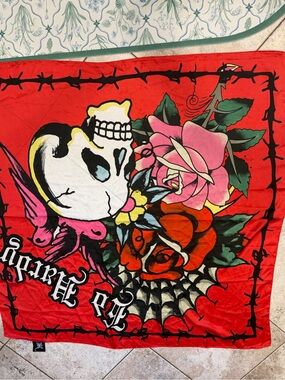 Ed Hardy Red Floral Skull Print Scarf